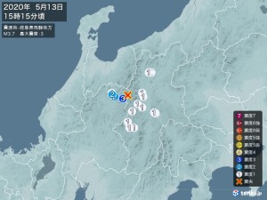 2020年05月13日 15時15分頃岐阜県飛騨地方震度3の分布図